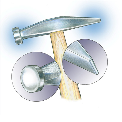 丸い部分（上）とのみ部分（下）のヘッドを改造することで、金細工ハンマーを最大限生かすことができます