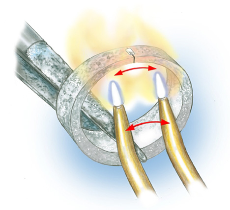 継ぎ目部分ではんだが流れるのに適切な温度になるまで、炎を継ぎ目の下側で前後移動させます