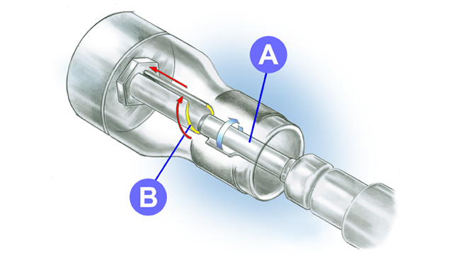 フレキシブルシャフトの回転するキー付きチップは、フレックスシャフトハンドルのロック機構にフィットしてスライドします。
