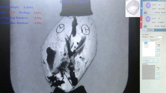 石をSarin Galaxy 1000で液体に浸すと、原石は白く、内包物は黒く見える。