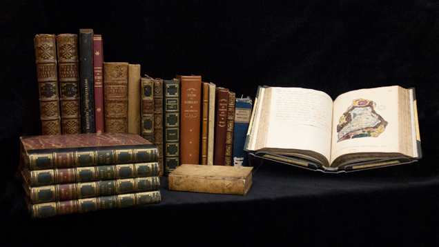 精美的善本书籍样本分成一排和数堆进行展示－其中一本书已翻开。