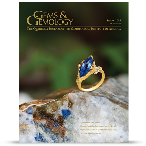 The lead article in this issue examines the geological and gemological characteristics of blue spinel from Luc Yen, Vietnam. The centerpiece of the 18k yellow gold ring from the Love Doves collection is a 4.95 ct. marquise-cut spinel, framed on either side by doves with ruby eyes. Photo by Robert Weldon/GIA, courtesy of Loretta Castoro. The gem-quality blue spinel octahedron associated with olivine in marble matrix was seen at a mine in the Luc Yen district. Photo by Vincent Pardieu/GIA. Composite image by Kevin Schumacher.