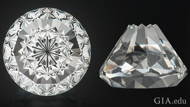 一件雕刻石英的正面和侧面图。