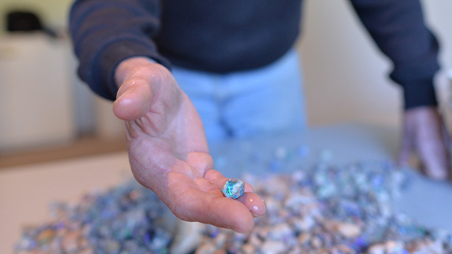 一名男子正展示一块从一堆石头中挑出的蛋白石原石