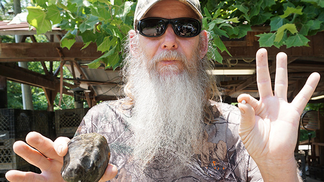 淡水産貝と天然真珠を手にする男性