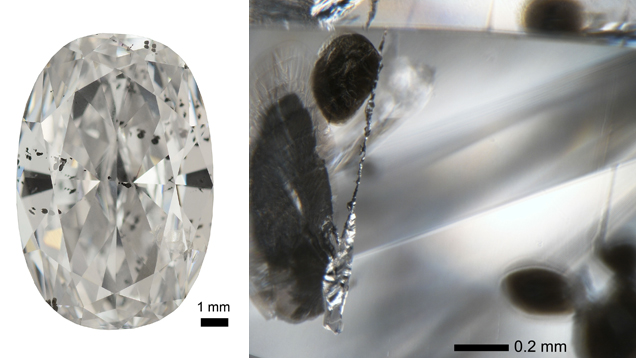 图2：含有金属内含物的经过切磨的 CLIPPIR 钻石（左）。 金属内含物（右）外观为银色并且具有从其延伸的黑色石墨裂纹。