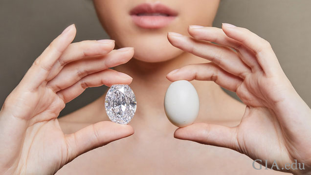 モデルが片手でダイヤモンド、もう片方の手では鳩の卵を持っている。