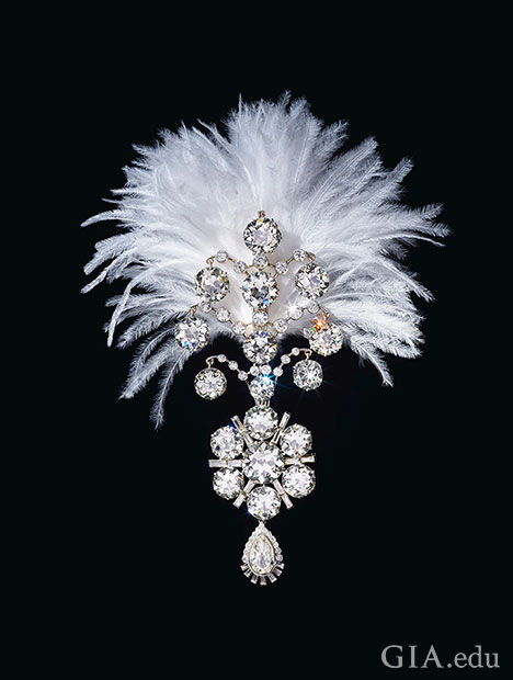 一枚上部点缀着白色羽毛的钻石胸针。