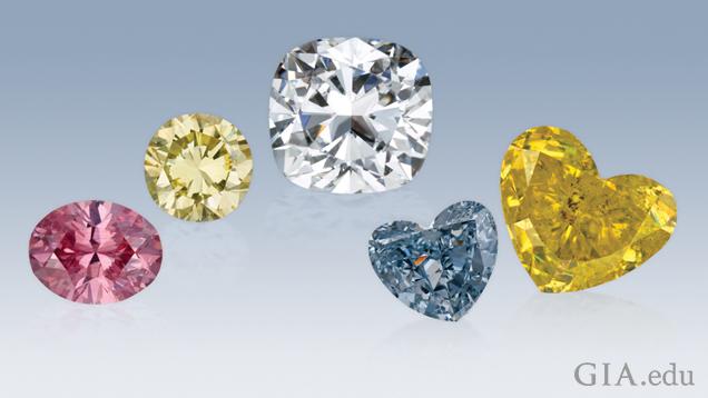 分别为圆形粉红色钻石、圆形黄钻、垫型切工无色钻石、心形蓝钻和心形黄钻。