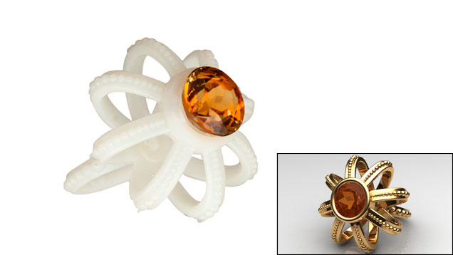 Plastic prototyle created using CAM tools from a CAD rendering (inset) designed by Alyssa Brownell in the JDT class. 