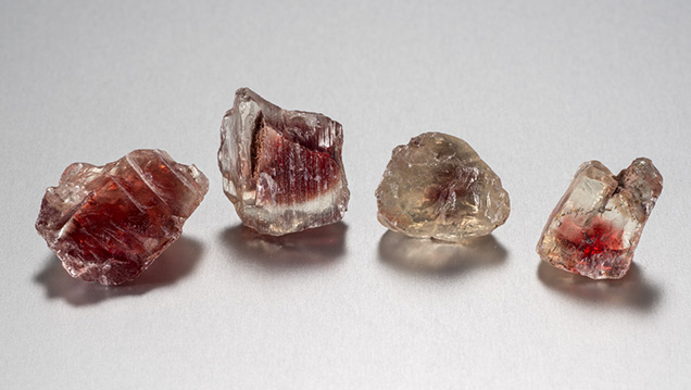 This group of red sunstones reflects recent production from the mine’s pit. - Robert Weldon