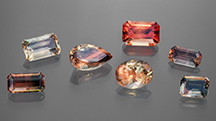 Figure 1. Faceted Oregon sunstone crystals (2.75&ndash;7.71 ct) representing the variety of colors observed. Photo by Adriana Robinson. Courtesy of the GIA Museum. Gifts of Western Ventures (pear shape), Dust Devil Mining Co. (oval), and John and Laura Ramsey (emerald cut on the far right).