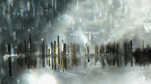 Blade-like magnetite inclusions developed from a healed fracture in a 2.08 ct Burmese peridot resemble a rainy lakeside city. Photomicrograph by Makoto Miura; field of view 1.06 mm.