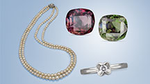 Figure 11. Double-strand natural saltwater pearl necklace. Photo by Robert Weldon; courtesy of Karmshil Enterprise. Alexandrite exposed to incandescent illumination (left, red) and daylight-equivalent illumination (right, green). Photos by Robert Weldon; courtesy of GIA’s Dr. Edward J. Gübelin collection, no. 33805. Ring containing a CVD-grown diamond. Photo by Johnny Leung.