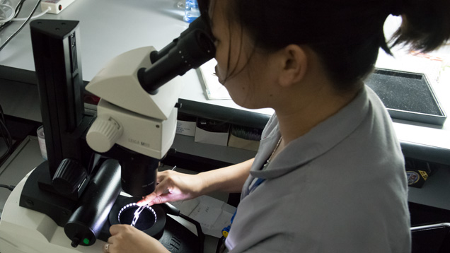 30ポイント以上のダイヤモンドは顕微鏡でカットの等級付けが行われます。 30ポイント未満の石の場合、グレーダーはルーペを使用します。