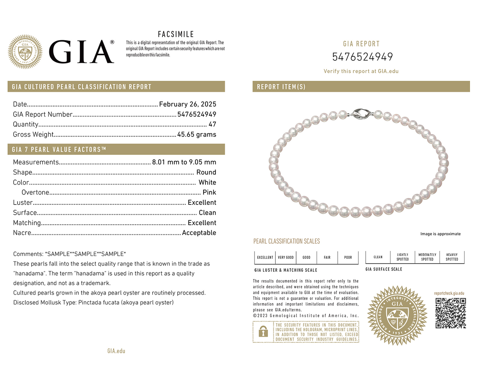 GIA Cultured Pearl Classification Report