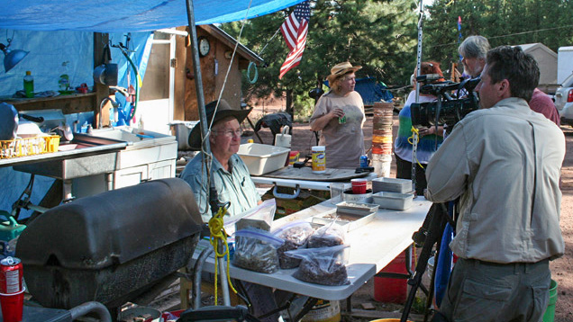 Kevin Schumacher sets up to interview owner John Woodmark at the Ponderosa mine.