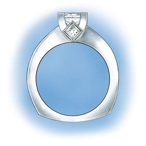 プラチナソリティアの側面図。 V字型プロングにセットされたプリンセスカットのセンターストーンが特徴のデザインで、飾り枠側面にベゼルセットの2つのプリンセスカットの石が、さらに両側のシャンクにはチャネルセットの石が施されています。