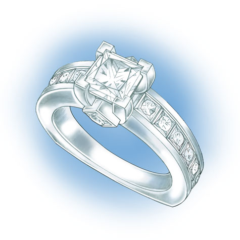 プラチナソリティアの透視図。 V字型プロングにセットされたプリンセスカットのセンターストーンが特徴のデザインで、飾り枠側面にベゼルセットの2つのプリンセスカットの石が、さらに両側のシャンクにはチャネルセットの石が施されています。