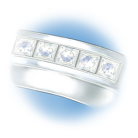 プラチナソリティアのシャンクに、プリンセスカットを施されチャネルセットで留められた、5つの石のクローズアップした様子。