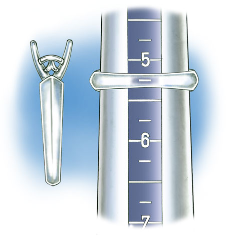 Close-up view of tapered band positioned on plastic ring mandrel to check ring size. In this illustration the tapered band is transparent so that the size is visible.