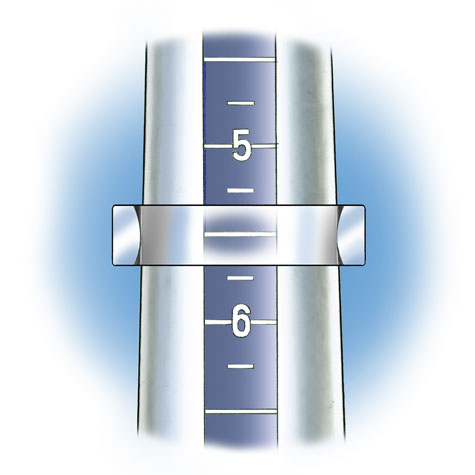 Close-up view of band with convex inside shank positioned on plastic ring mandrel to check ring size. In this illustration the band is transparent so that the size is visible.