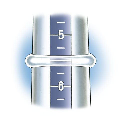 Close-up view of ring with open space between the top of the finger and the mounting, positioned on plastic ring mandrel to check ring size. In this illustration the band is transparent so that the size is visible.