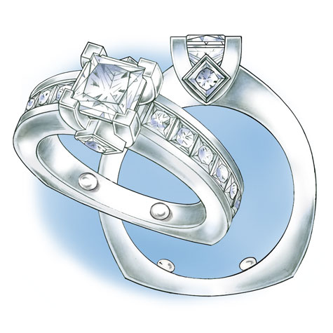 Perspective and side views of platinum solitaire with princess cut stones, featuring sizing beads at the 5:00 and 7:00 locations.