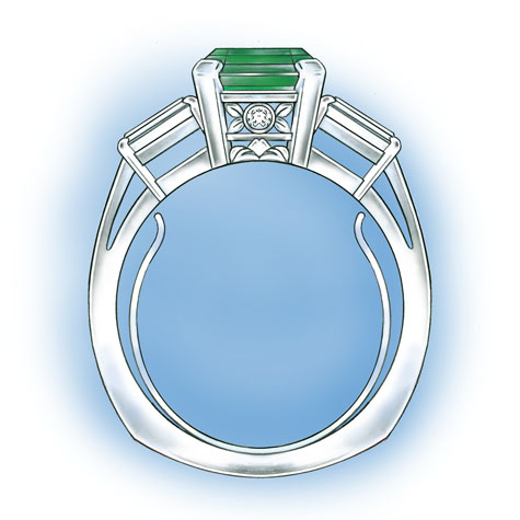 Platinum five stone ring, featuring a horseshoe-shaped spring insert.