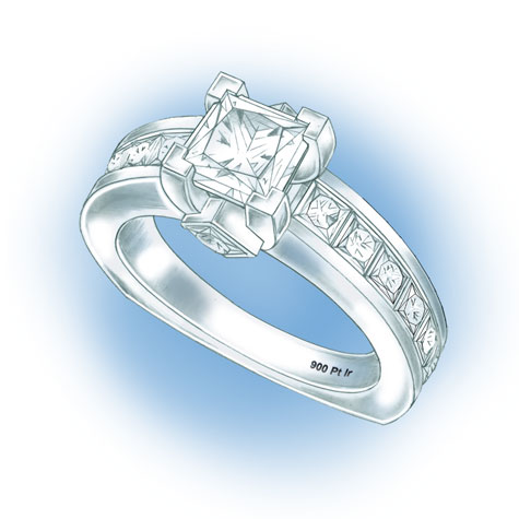 Perspective view of a princess cut solitaire with diamonds set in the shank. The hallmark for 90% Platinum Iridium, 900 Pt Ir, is visible in the lower inside of the shank.