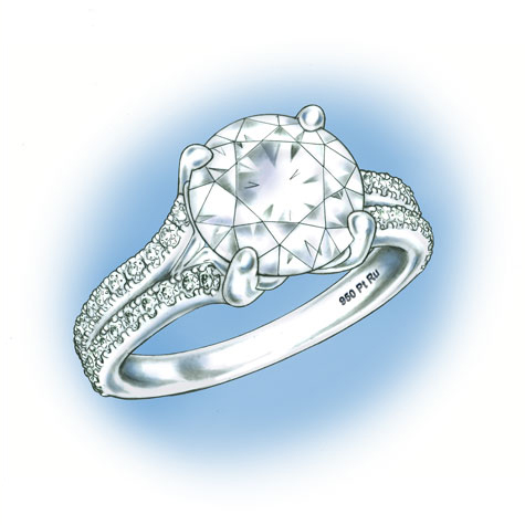 Perspective view of round solitaire with diamonds set in the split shank. The hallmark for 95% Platinum Ruthenium, 950 Pt Ru, is visible in the lower inside of the shank.