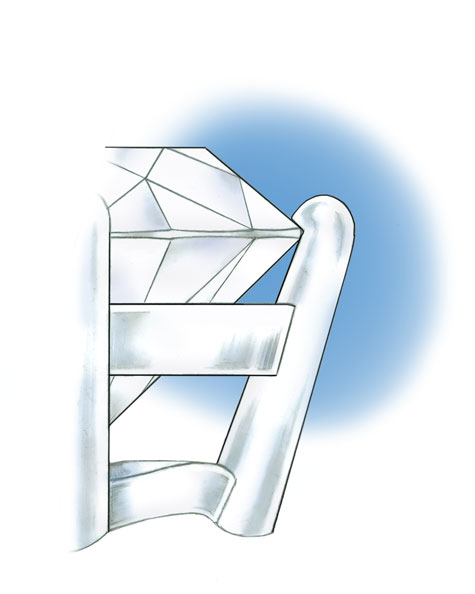 爪に石留用のアゴがなく上部に僅かに金属をかぶせてあるだけの、4本爪プラチナソリティアリングのクローズアップ図。