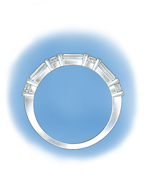 Side view of a platinum band channel-set with round and baguette diamonds