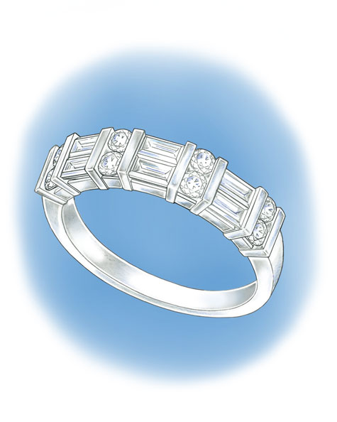 Perspective view of a platinum band channel-set with round and baguette diamonds.