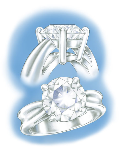 Side and perspective views of a four-prong, platinum solitaire
