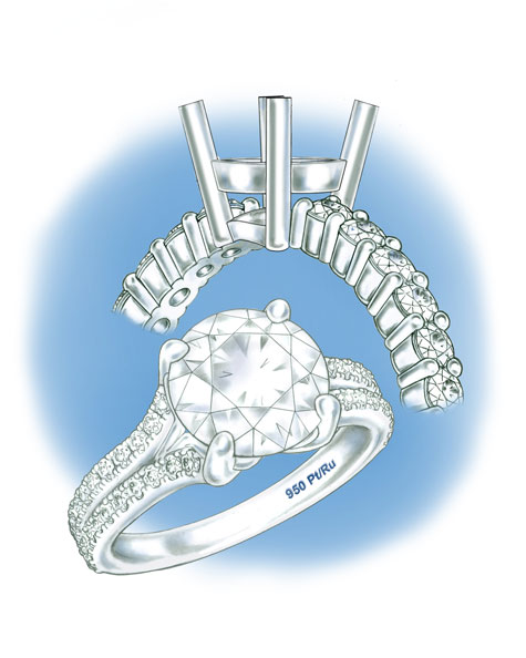 Side and perspective views of four-prong, platinum solitaires with diamonds in the shank. The quality mark of “950 Pt/Ru” is visible in the perspective view, indicating that this ring was made using an alloy of platinum ruthenium 