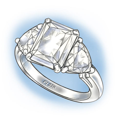 Perspective view of a three-stone platinum ring with a cushion-shaped center stone flanked by two trillion-cut stones. The PT 950 stamp is readable inside the bottom of the shank.