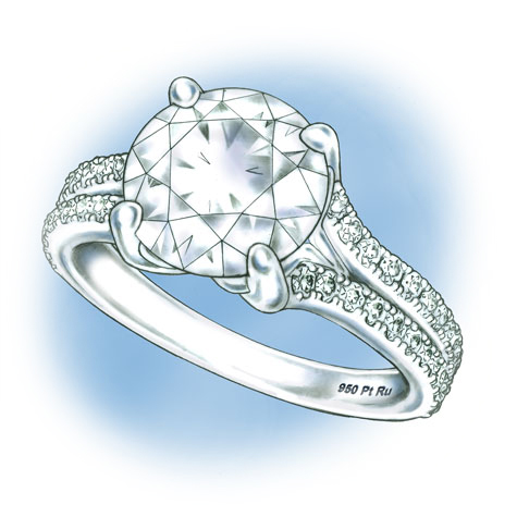 Perspective view of a platinum solitaire, featuring a split shank set with diamonds