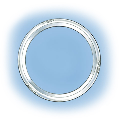 Side view of a platinum band featuring three flush-set diamonds