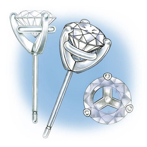 Three illustrations  featuring platinum, three-prong solitaire earrings