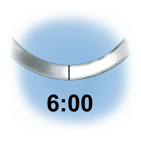 Close-up views highlighting the height and depth dimensions of a platinum band, including an illustration depicting clock locations (12:00, 3:00, 6:00 and 9:00)