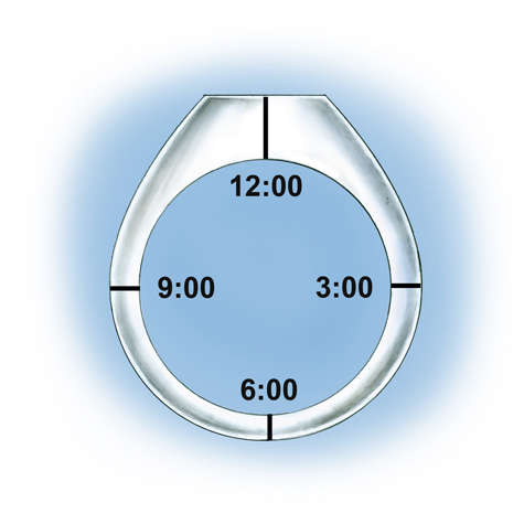 Close-up views highlighting the height and depth dimensions of a platinum band, including an illustration depicting clock locations (12:00, 3:00, 6:00 and 9:00)