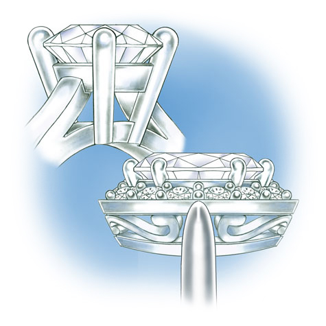 Two close-up views of platinum solitaire settings, featuring negative space and other design details