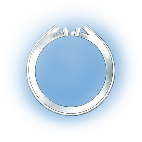 戒圈上未镶嵌钻石的铂金单石戒侧面图