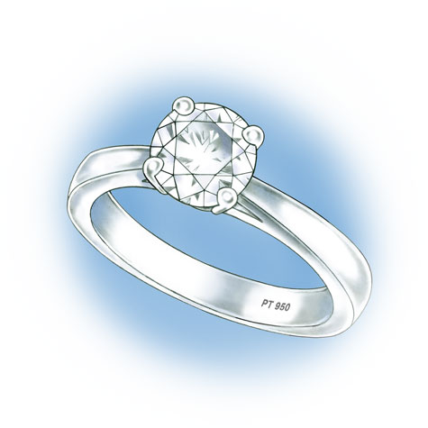 戒圈上未镶嵌钻石的铂金四爪单石戒指的透视图