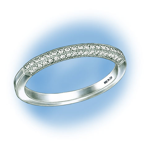 Perspective view of a platinum band with diamonds. The hallmark for 95% Platinum Cobalt, 950 Pt Co, is visible in the lower inside of the shank.