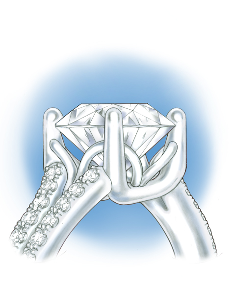 ダイヤモンドがシャンクにセットされたスプリットシャンク付きプラチナソリティアの側面からの様子