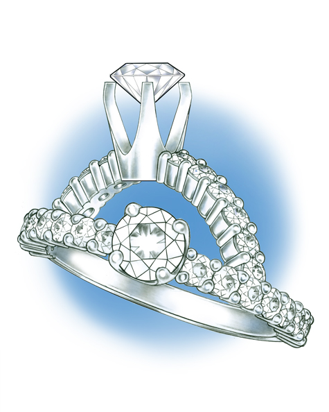 Perspective view of a platinum solitaire with diamonds set in the shank. This same ring is also shown in a side view, with the loose diamond positioned above the mounting. 