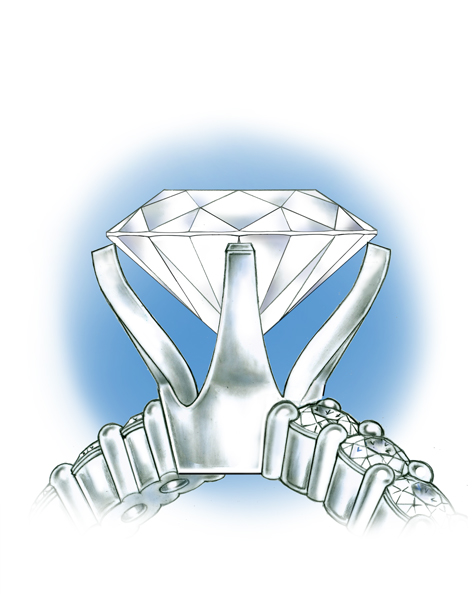 Close-up side view of the platinum solitaire, with the loose stone positioned above the mounting.
