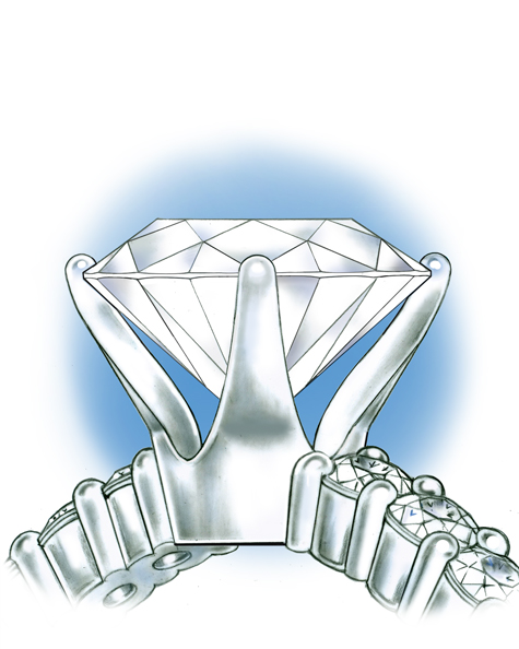 Close-up side view of the platinum solitaire, with the loose stone set into the too-small setting.